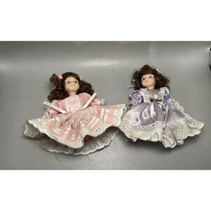 Porcelain Girl Dolls Lot 2 Curly Brown Hair Pink Purple Lace Dresses 5 Inch